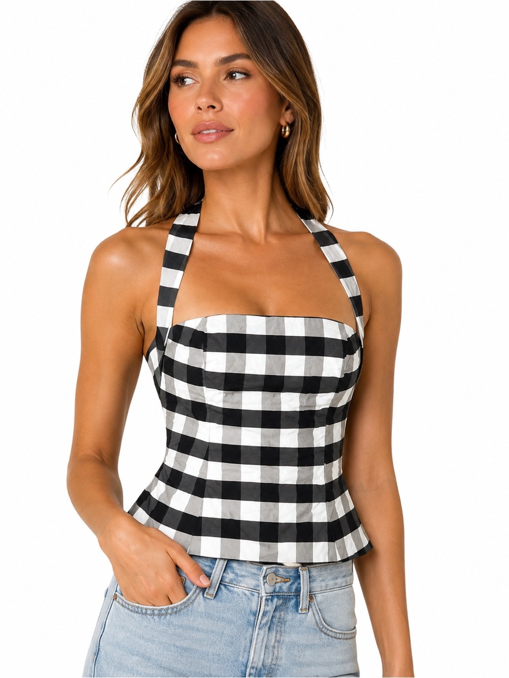 Lovers + Friends Black & White Gingham Halter Camisole